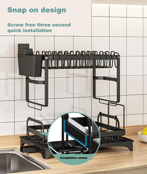 Multifunctional Dish Rack, Rustproof Kitchen Dish Drying Rack With Drainboard, Space-Saving 2-Tier Dish Drying Rack With A Large Capacity For Kitchen Counter Black