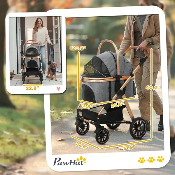 3 In 1 Dog Stroller With Detachable Cabin, 4 Wheel Folding Lightweight Pet Stroller For Small Dogs, Gray