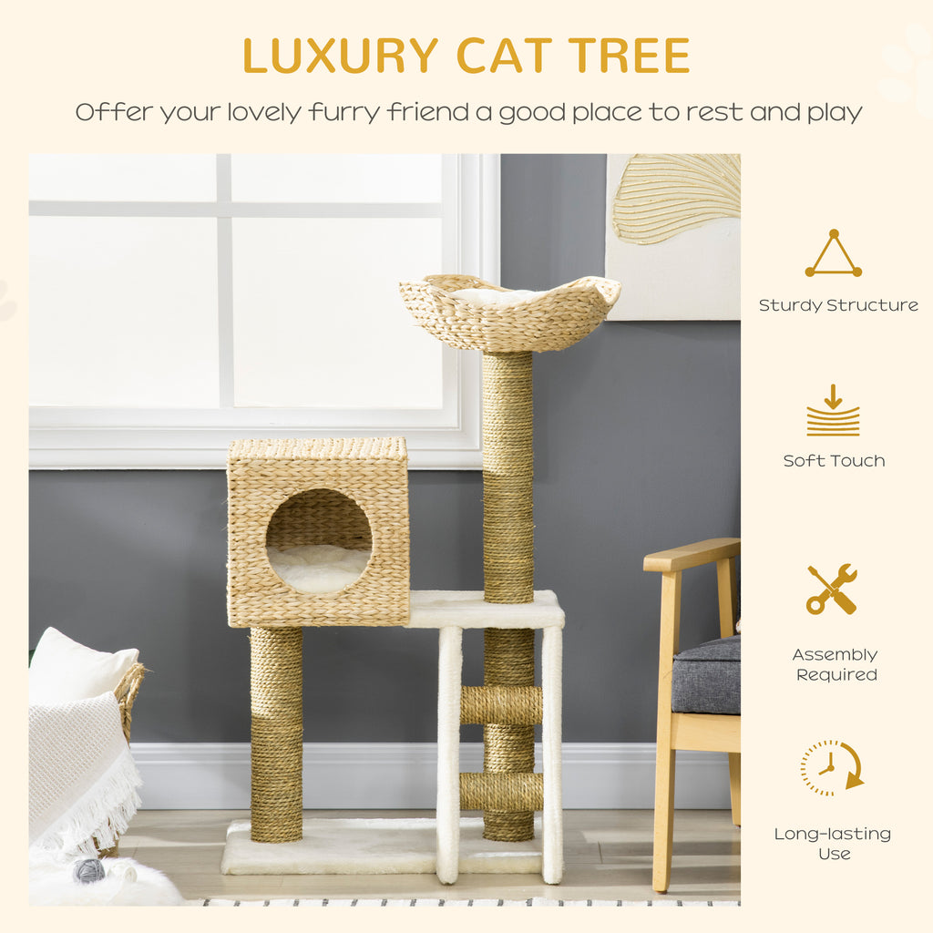 Cattail Weave Cat Tree for Indoor Cats Kitty Tower with Rattan Cat Condo, Wicker Bed, Ladder, Washable Cushions, 22.5" x 14.5" x 39.5", Natural
