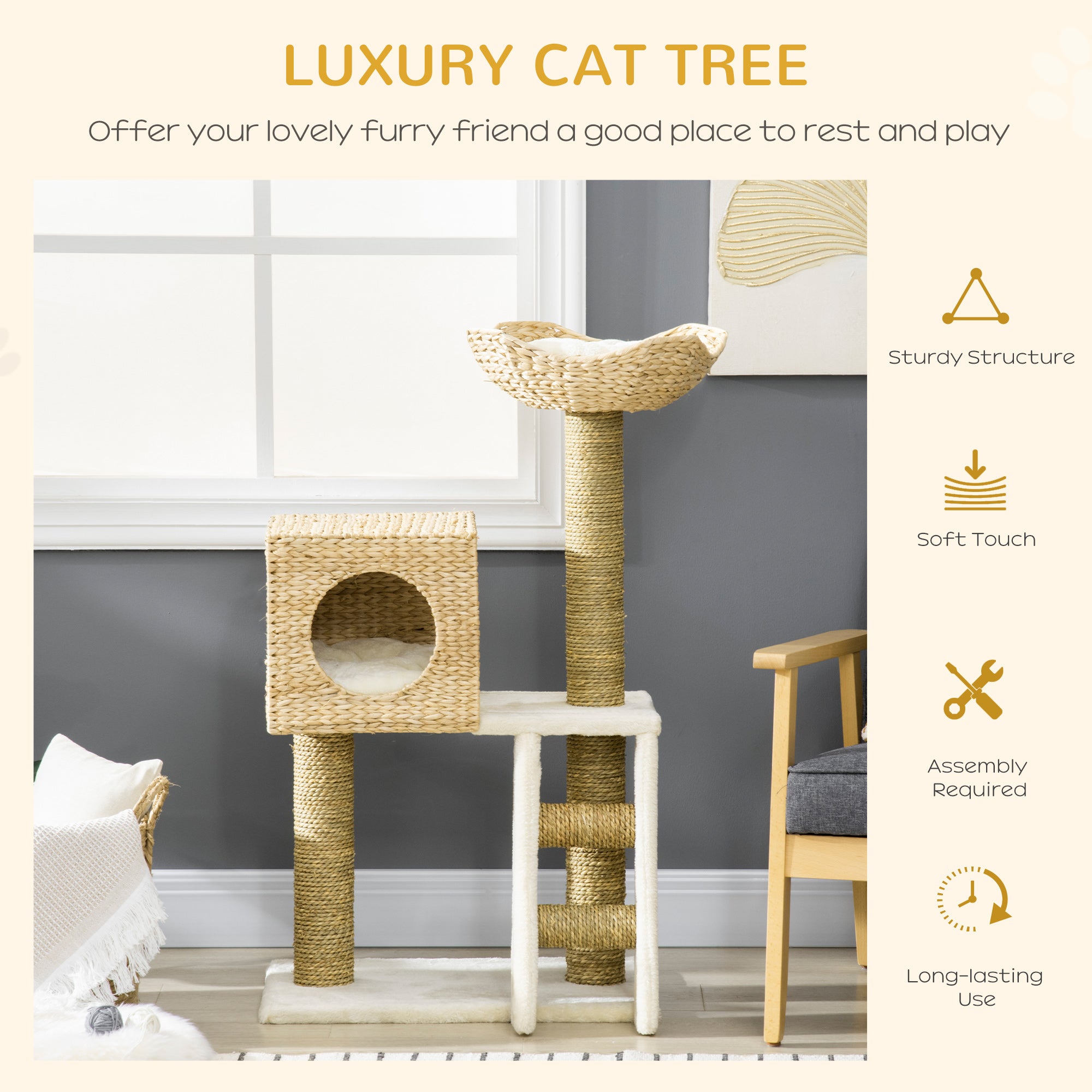 Cattail Weave Cat Tree for Indoor Cats Kitty Tower with Rattan Cat Condo, Wicker Bed, Ladder, Washable Cushions, 22.5" x 14.5" x 39.5", Natural