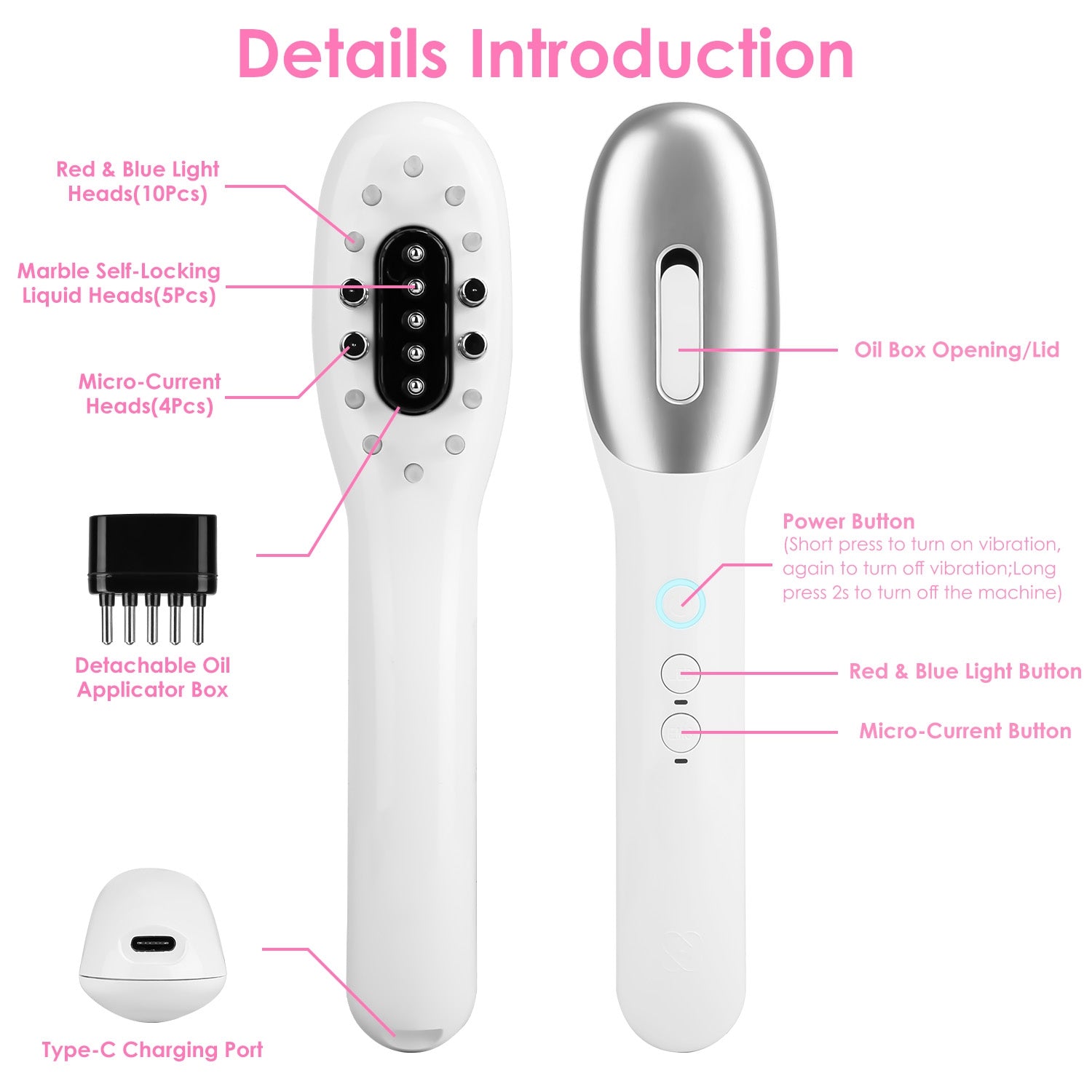 1Pc Electric Scalp Massage Comb Microcurrent Hair Brush Handheld Head Scratcher Massager Hair Oil Applicator With Vibration Micro-Current Mode Red & Blue Light Therapy Oil Applicator
