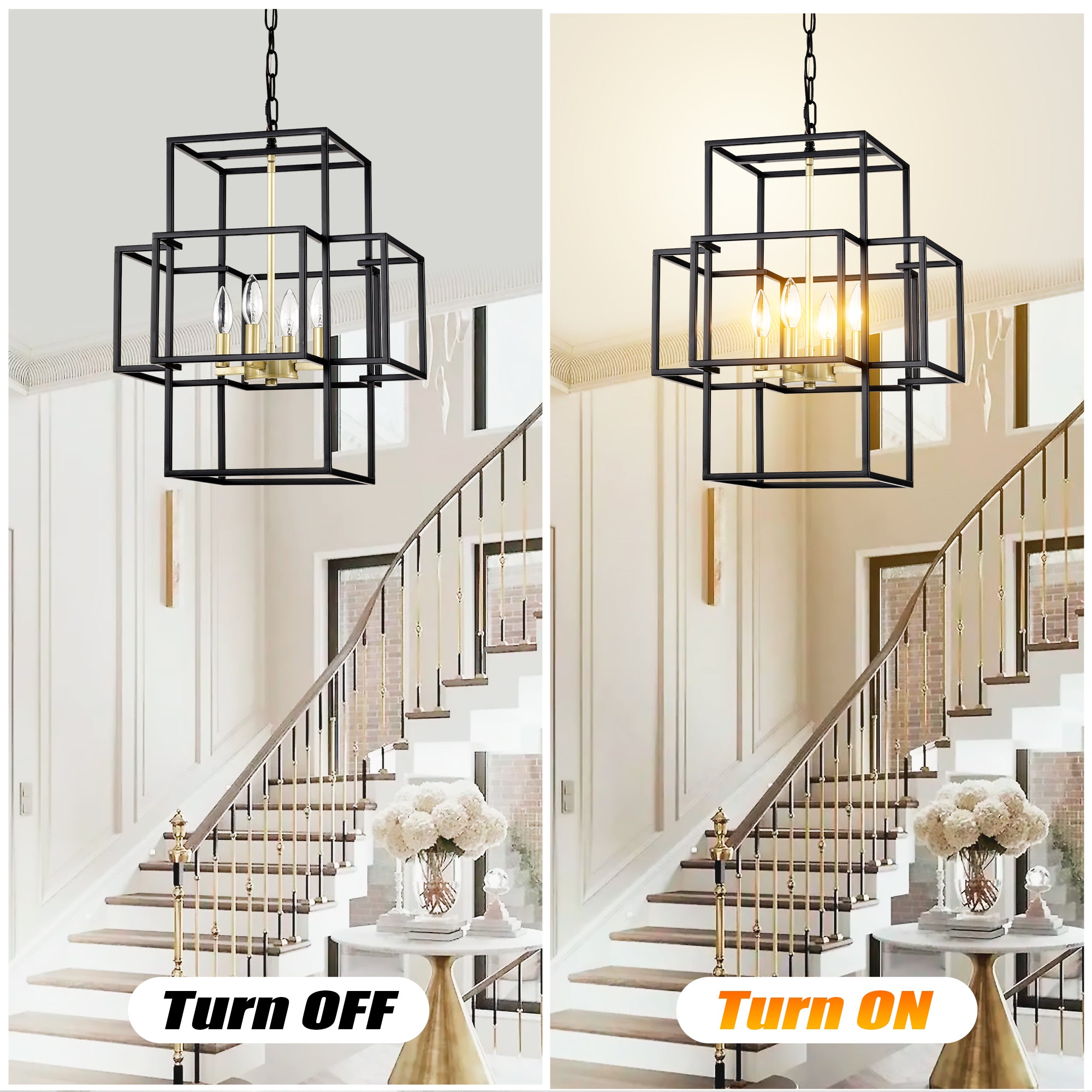 4-Light Metal Lantern Tiered Pendant Hanging Light Fixtures, Industrial Farmhouse Adjustable Height Chandeliers For Dining Room Hallway Foyer Entryway--Matte Black & Gold