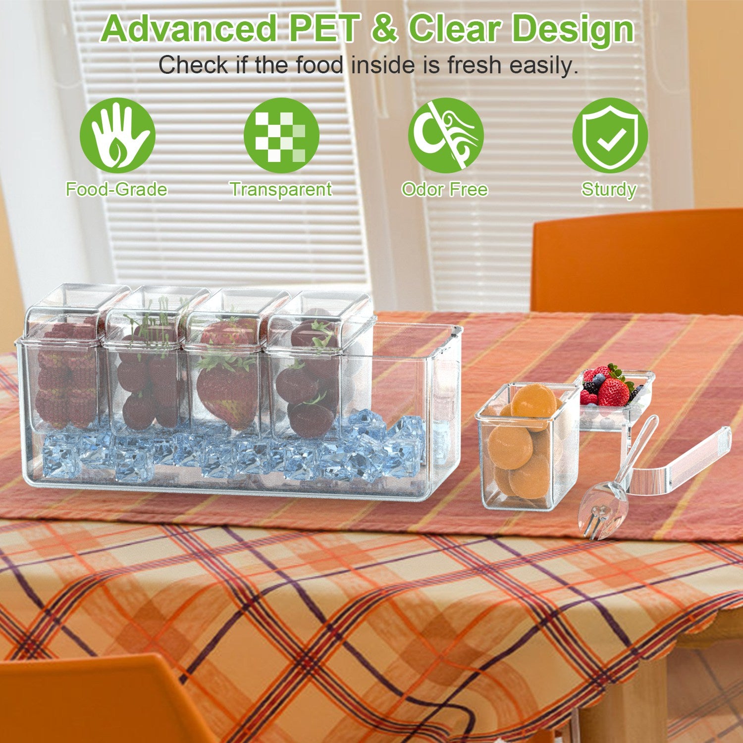 1Set Ice Chilled Condiment Caddy Serving Tray Container Bar Garnish Holder Salad Platter Server Food Storage With 5 Removable Containers 5 Lids 2 Tongs 5 Sporks