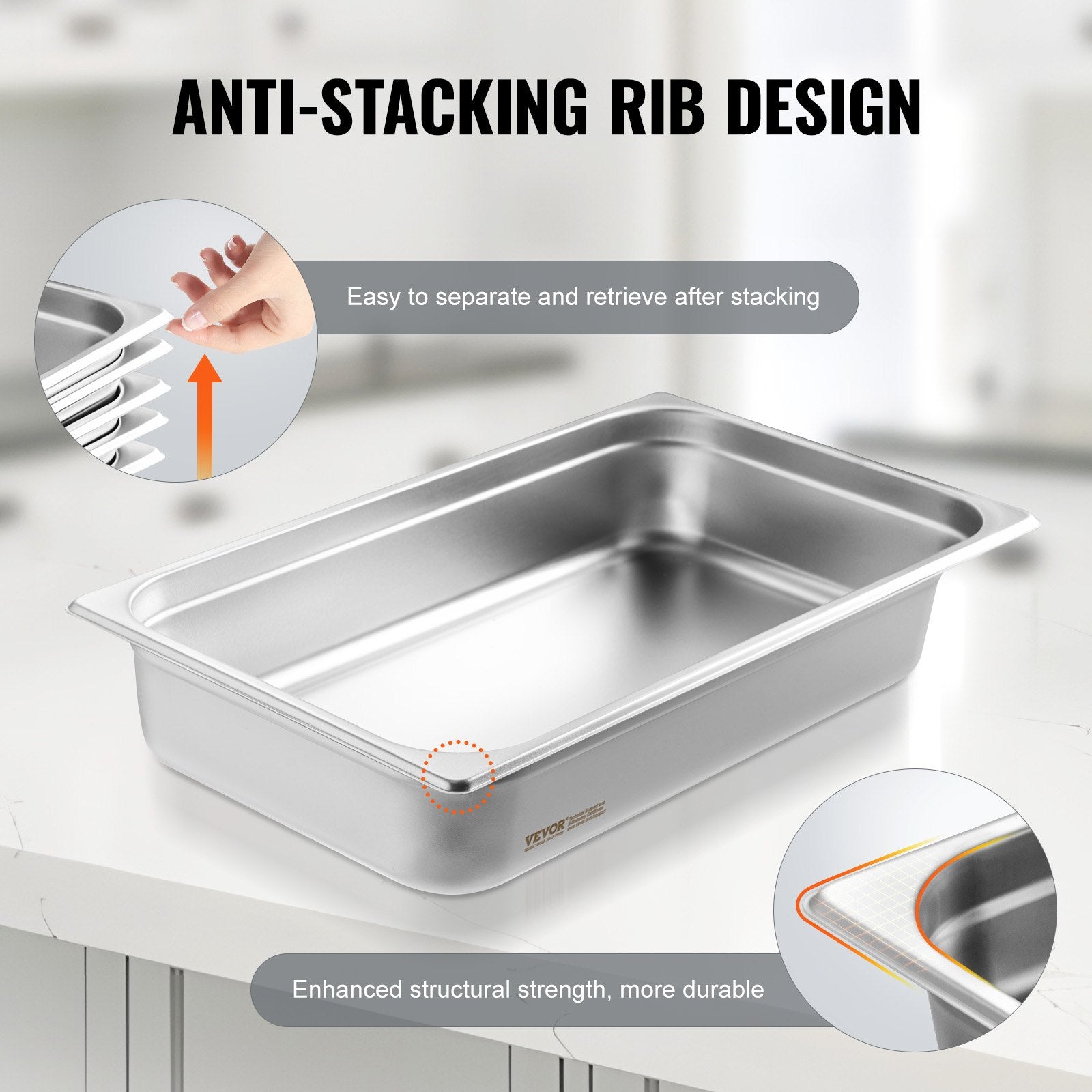 Hotel Pan, Full Size Anti-Jam Steam Pan, 0.8mm Thick Stainless Steel Restaurant Steam Table Pan, 4-Inch Deep Commercial Table Pan, Catering Storage Food Pan, For Industrial & Scientific