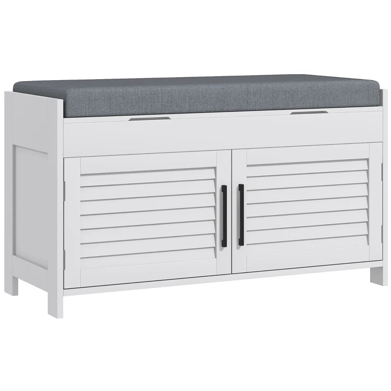 Shoe Storage Bench, Modern Entryway Bench With Cushion, Hidden Compartments, Adjustable Shelves, Shutter Doors, White