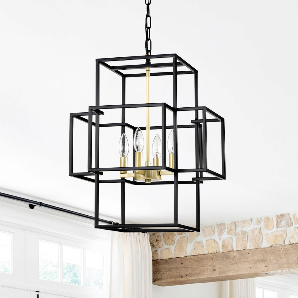 4-Light Metal Lantern Tiered Pendant Hanging Light Fixtures, Industrial Farmhouse Adjustable Height Chandeliers For Dining Room Hallway Foyer Entryway--Matte Black & Gold