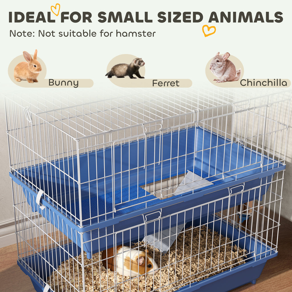 2-Tier Guinea Pig Cage, Ferret Cage, Chinchilla Cage, Small Animal Cage Indoor with Dish and Bottle, 2 Doors, Deep Bottoms, Ramp, 28", Blue