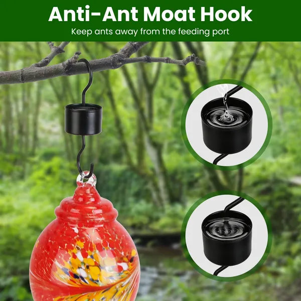 Glass Hummingbird Feeder 33OZ Hand Blown Hummingbird Feeder With 5 Flower Feeding Port Perch Ant Moat Hanging Hook S Hook Hemp Rope Cleaning Brush For Garden Backyard Decor