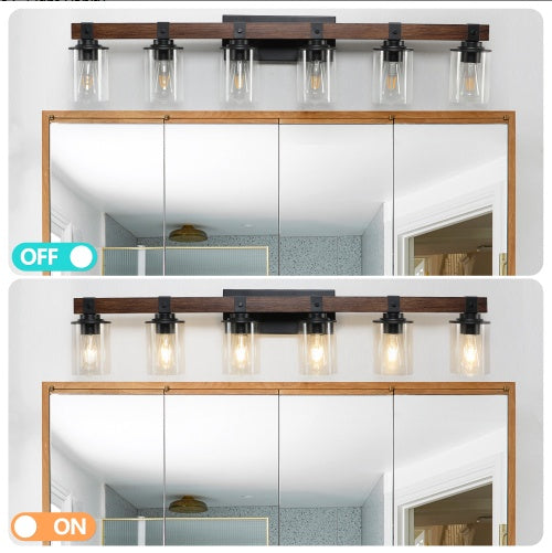 42 Inch Rustic 6-Light Vanity Light, Industrial Bathroom Wall Sconce With Glass Shades And Wood Accent, Modern Farmhouse Lighting Fixture No Bulbs