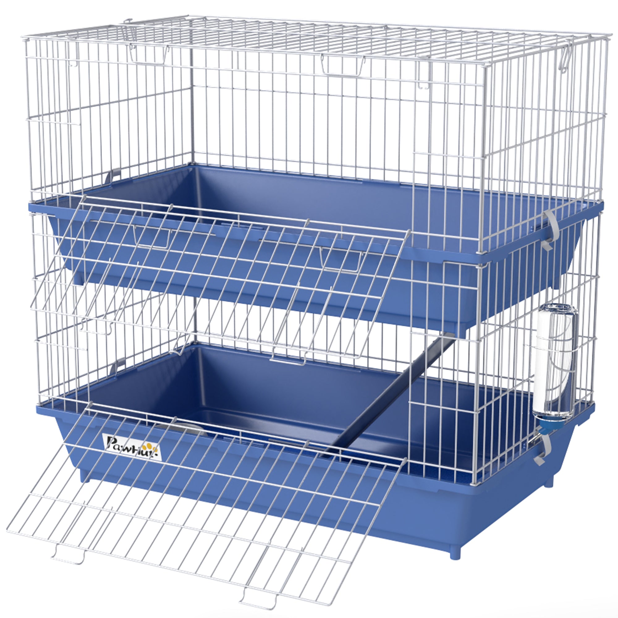 2-Tier Guinea Pig Cage, Ferret Cage, Chinchilla Cage, Small Animal Cage Indoor with Dish and Bottle, 2 Doors, Deep Bottoms, Ramp, 28", Blue