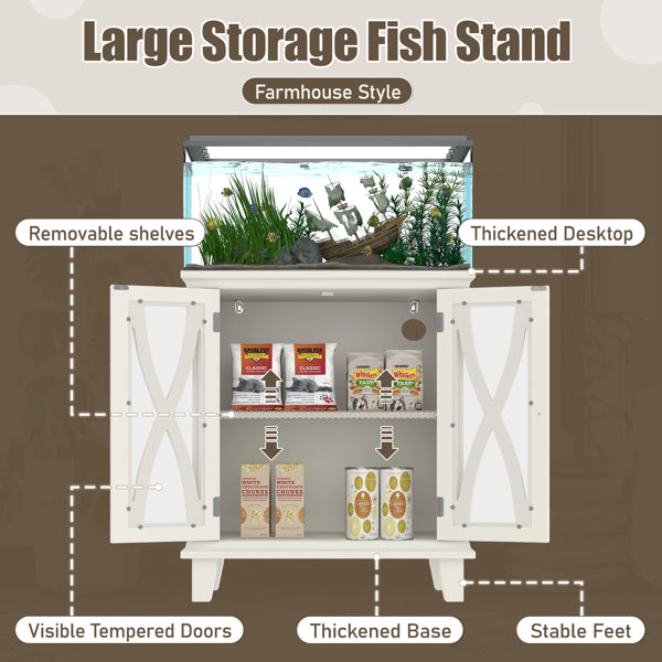 20 Gallon Fish Tank Stand With Power Outlets(4 AC 2 USB), Farmhouse Decorative Aquarium Stand Furniture With Adjustable Shelves, 10-20 Gallon Reptile Turtle Tank Stand With Cabinet Storage, Beige