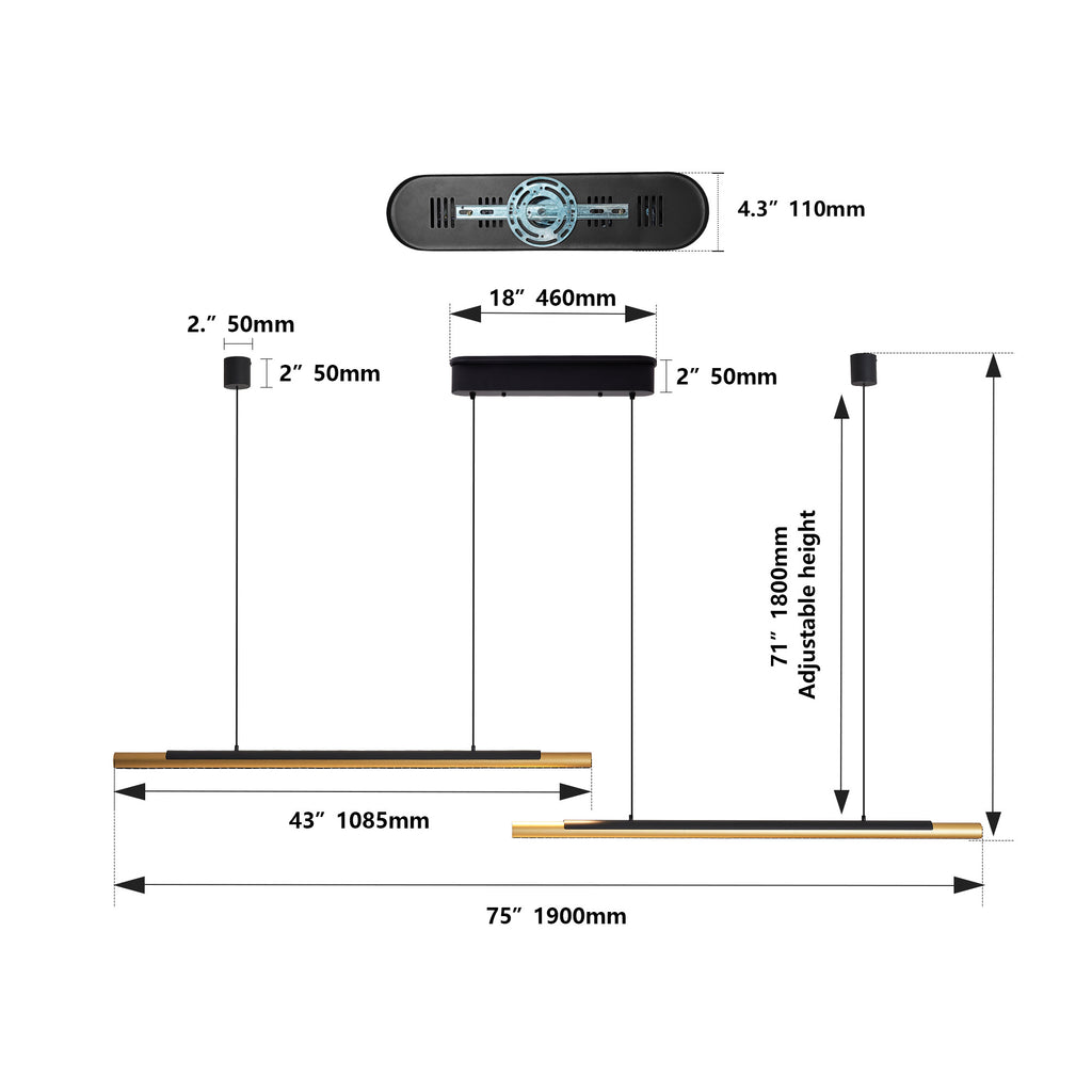 75-inch Modern Black And Gold LED Pendant Light, Adjustable Hanging Light For Dining Room, Kitchen, Living Room Sleek Dual Tube Design