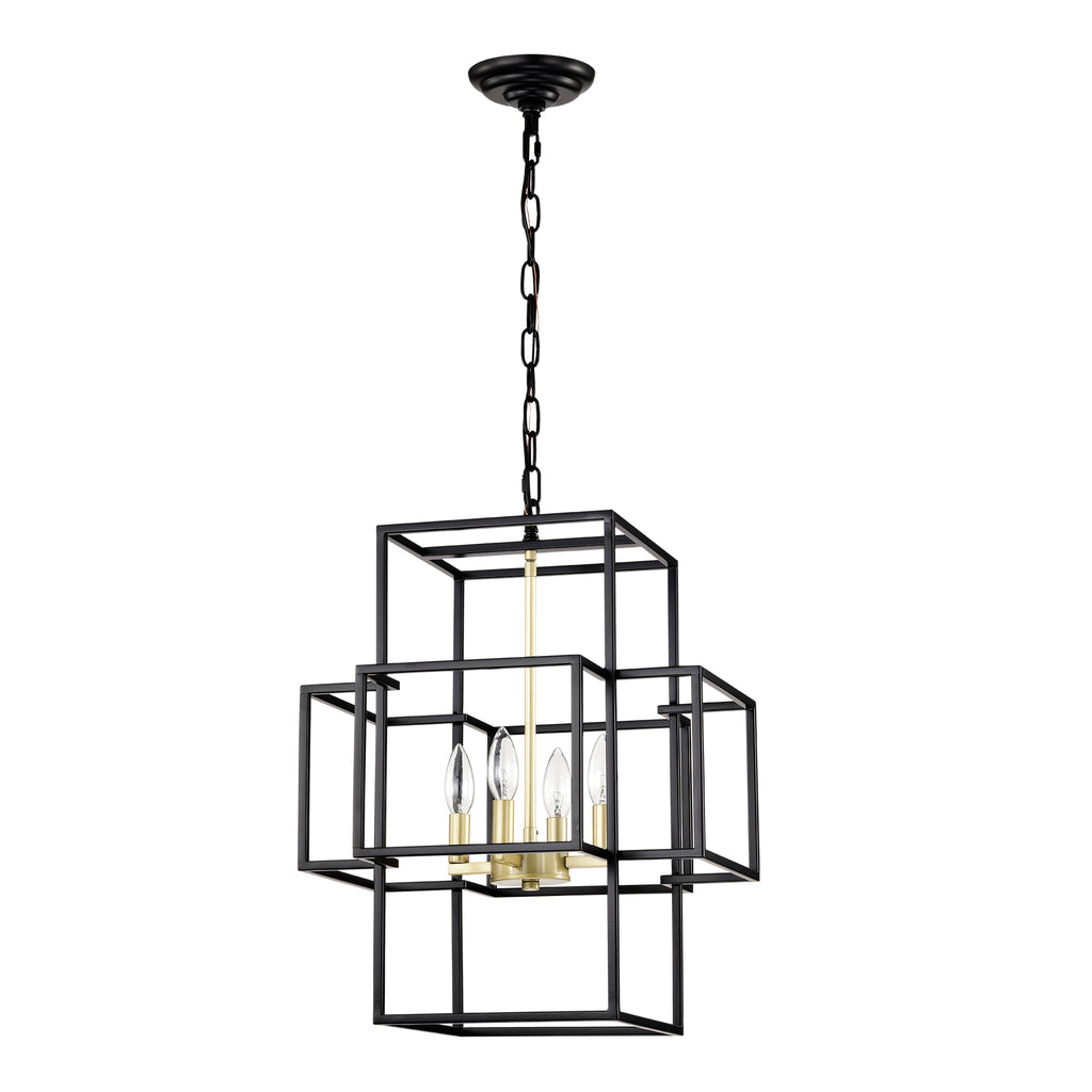 4-Light Metal Lantern Tiered Pendant Hanging Light Fixtures, Industrial Farmhouse Adjustable Height Chandeliers For Dining Room Hallway Foyer Entryway--Matte Black & Gold