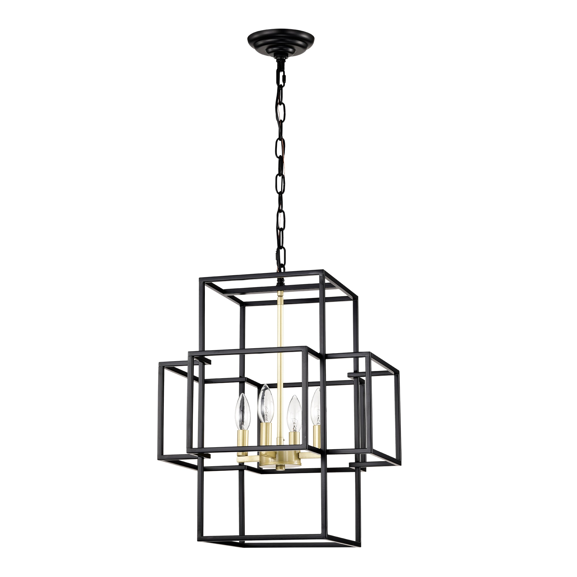 4-Light Metal Lantern Tiered Pendant Hanging Light Fixtures, Industrial Farmhouse Adjustable Height Chandeliers For Dining Room Hallway Foyer Entryway--Matte Black & Gold