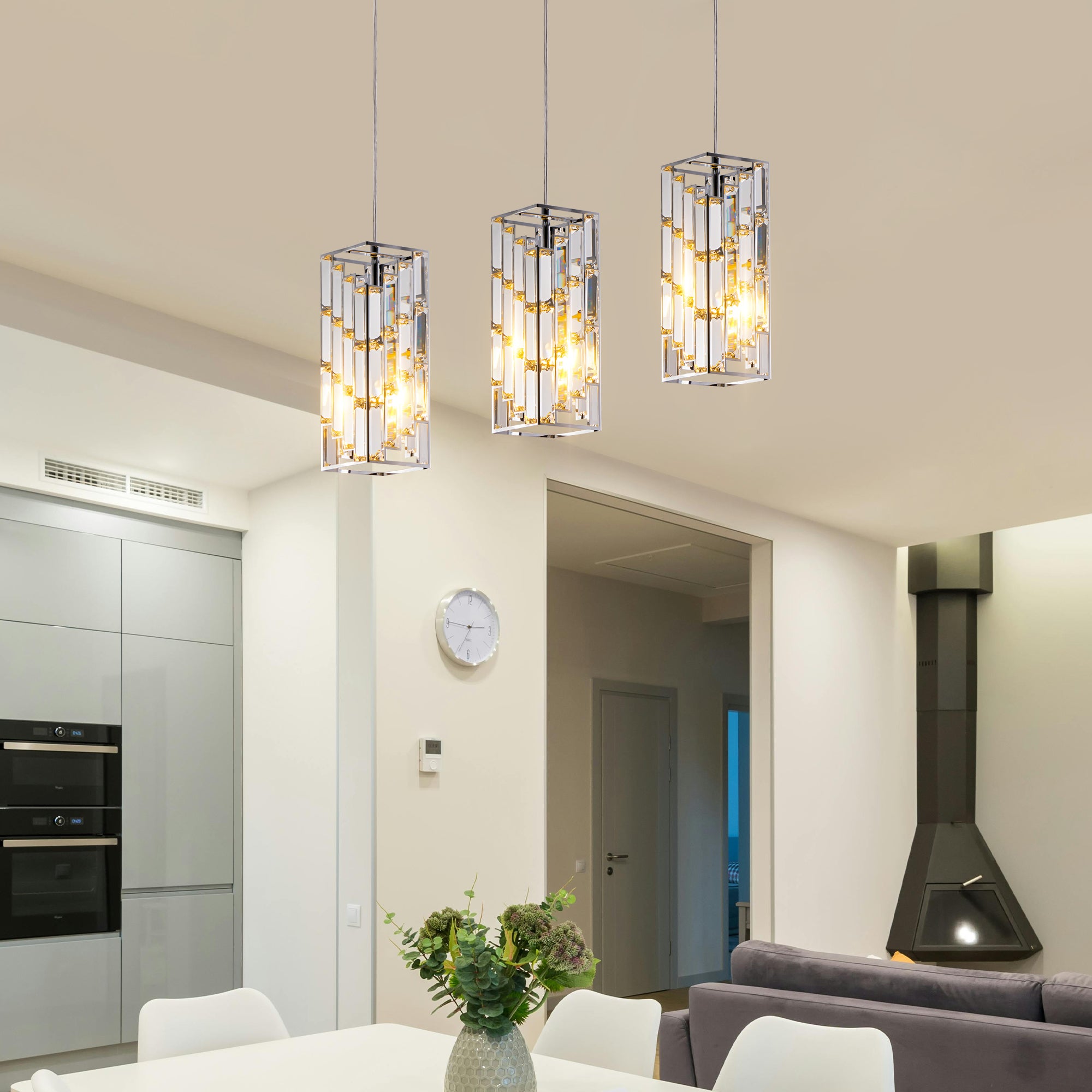 4inch Modern Crystal Pendant Light 3 Pack, Adjustable Hanging Ceiling Lamp With Crystal Prism Design For Dining Room, Kitchen Island, And Living Room -Chrome Finish