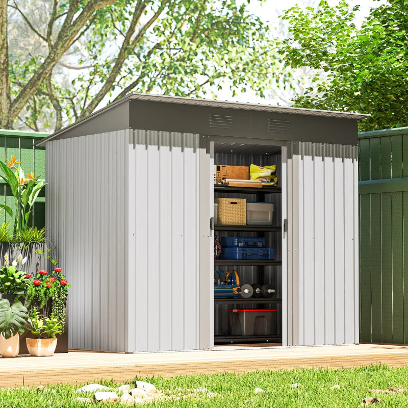 Metal Garden Shed, Backyard Tool Storage Shed With Dual Locking Doors, 2 Air Vents And Steel Frame, Silver