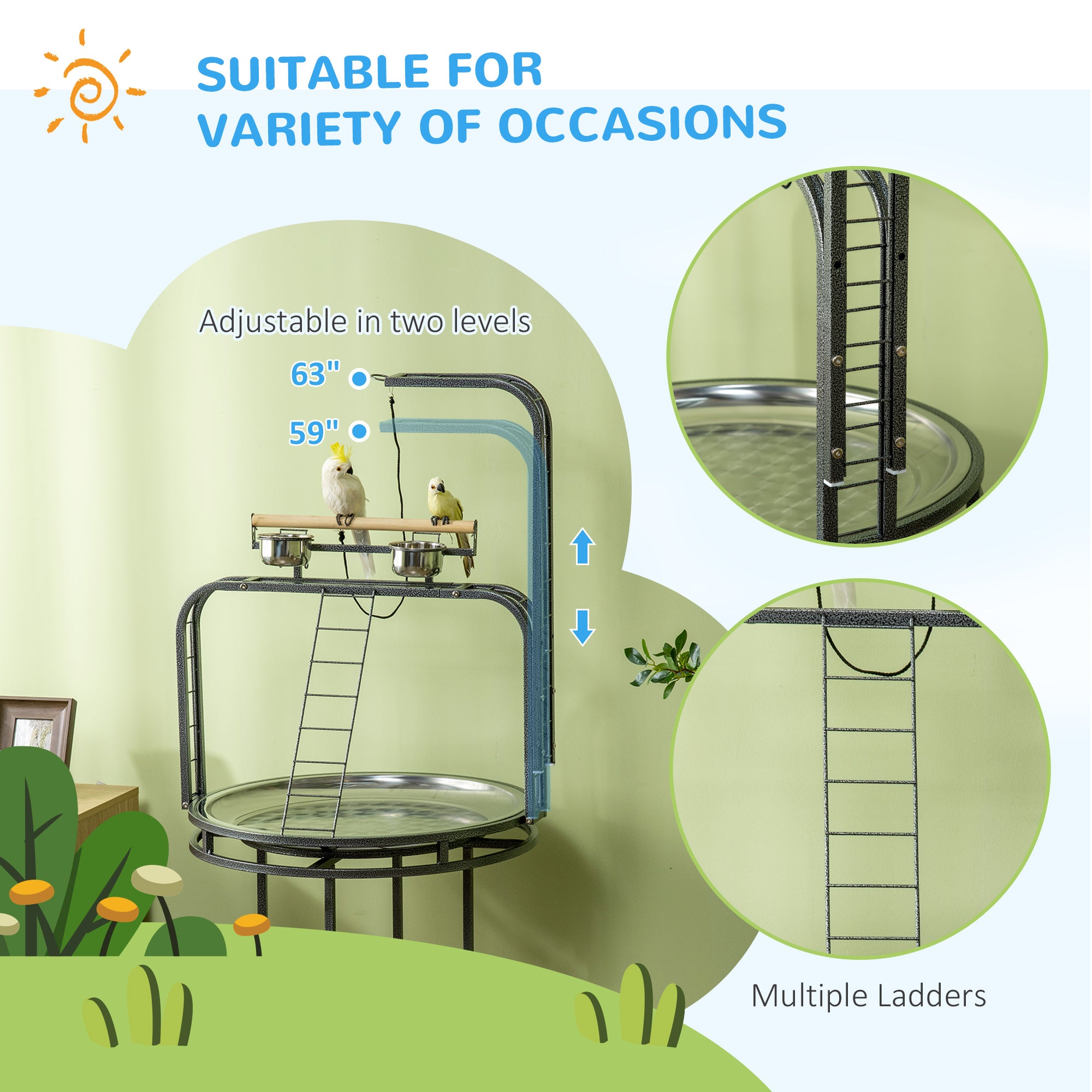 Parrot Stand Large Bird Perch Stand with Toy Hook & 3 Ladders, Parrot Perch, Bird Wooden Stand, Gray