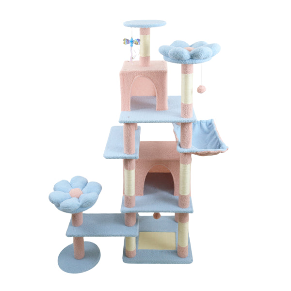 71 Inch Flower Cat Tree With Large Condo Removable Flower Cushion And Hammock Blue