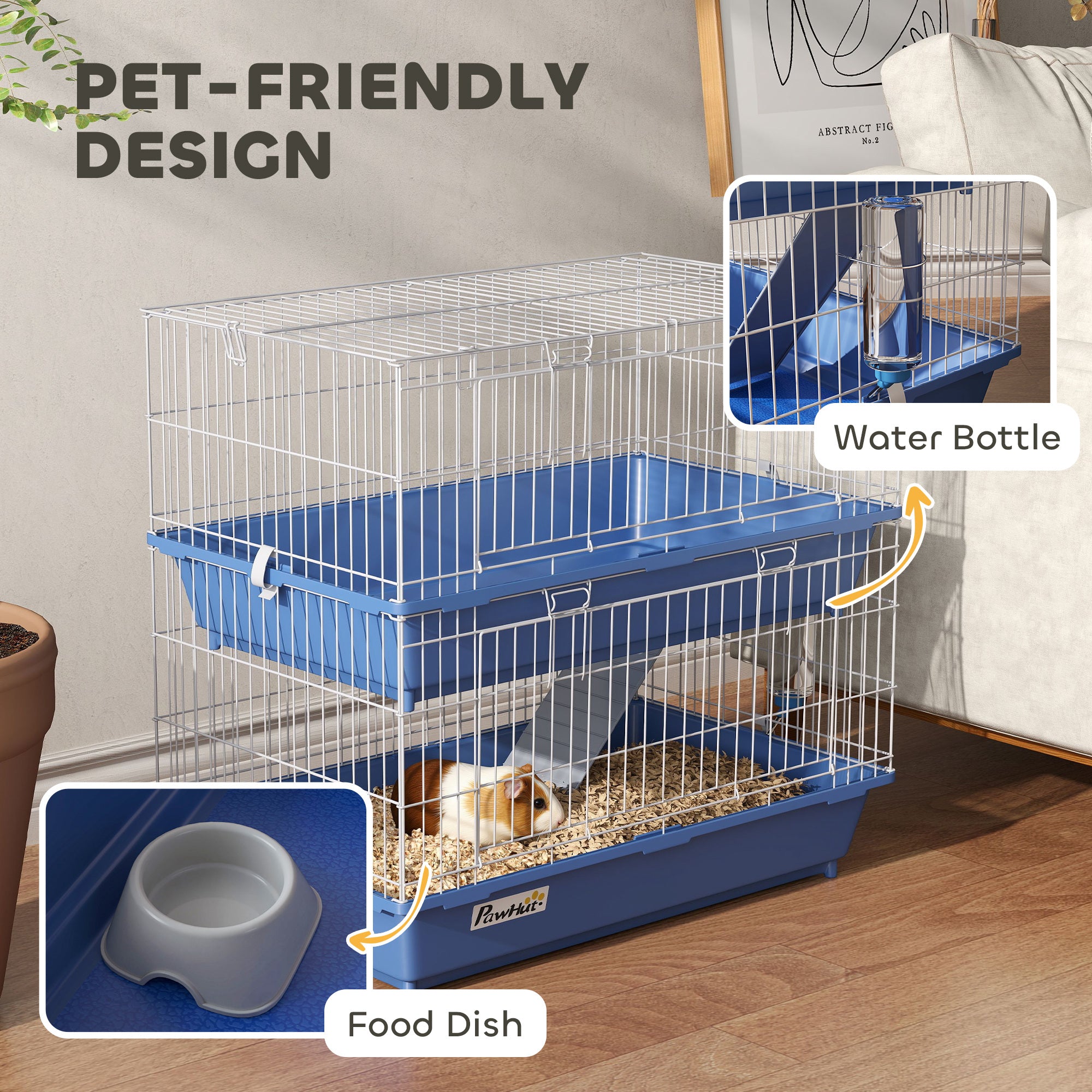 2-Tier Guinea Pig Cage, Ferret Cage, Chinchilla Cage, Small Animal Cage Indoor with Dish and Bottle, 2 Doors, Deep Bottoms, Ramp, 28", Blue