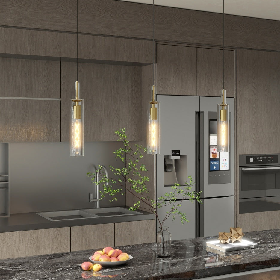 Gold Pendant Light Fixtures, 3 Pack Modern Pendant Lighting With Clear Striped Glass Shade, Hanging Pendant Lights Kitchen Island, Farmhouse Pendant Lighting For Dining Room Bedroom Bathroom