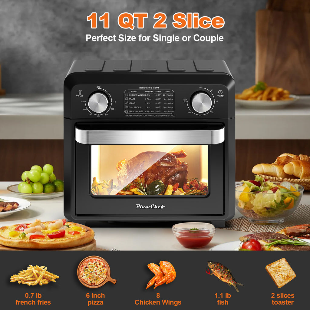 11QT Compact Air Fryer Toaster Oven, 1000W, Convection Countertop, With Reference Menus, 2-Slice Toaster, Adjustable Time And Temperature, Black, Amazon Resale Prohibited