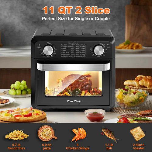 11QT Compact Air Fryer Toaster Oven, 1000W, Convection Countertop, With Reference Menus, 2-Slice Toaster, Adjustable Time And Temperature, Black, Amazon Resale Prohibited