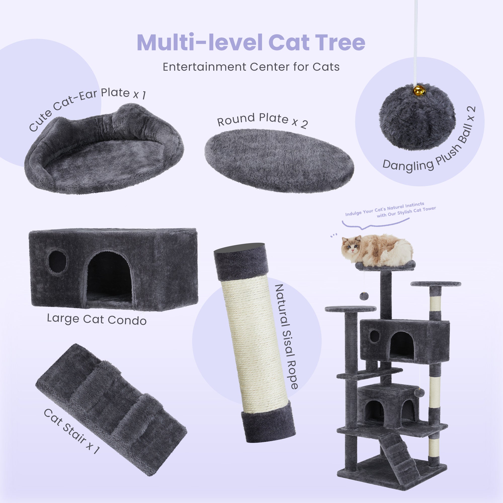 Large Cat Tree Tower, 80 Cat Tree  Large Cats, Multi Level With Scratching Post, Cozy Cat Jumping Platform Space, Grey