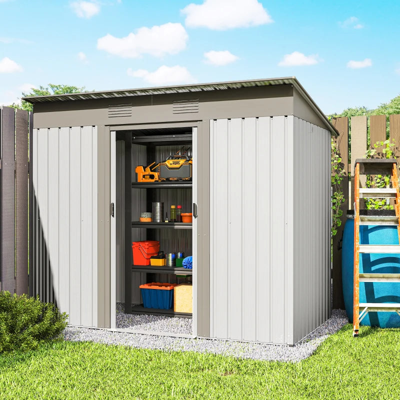 Metal Garden Shed, Backyard Tool Storage Shed With Dual Locking Doors, 2 Air Vents And Steel Frame, Silver