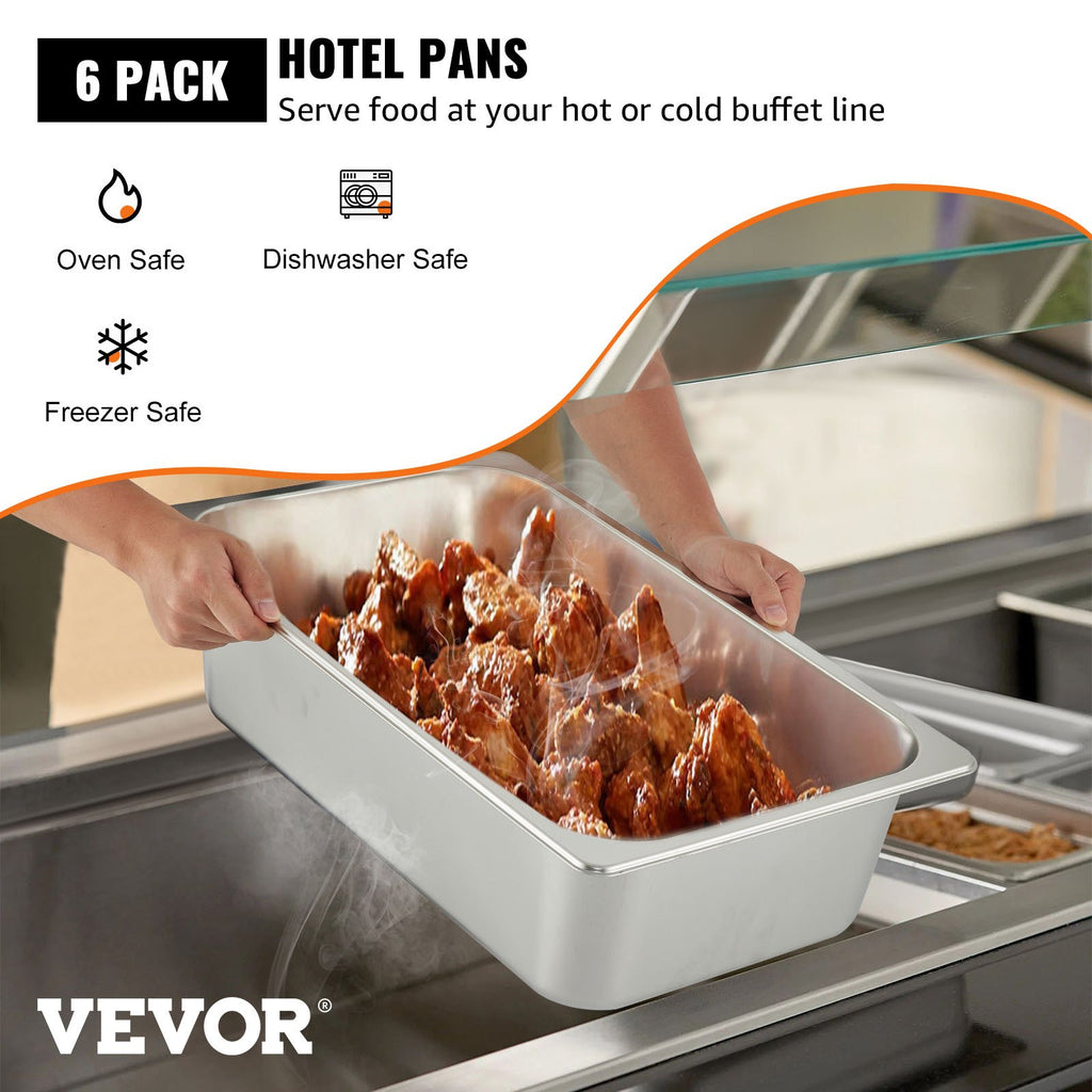 6 Pack Steam Table Pans 20.9 X 12.8 X 5.9 Inch Deep Steam Table Pan Full Size 20.5L Deep Food Container Stainless Steel Oven Tray Hotel Pans Anti-Jam Steam Table Food Pan