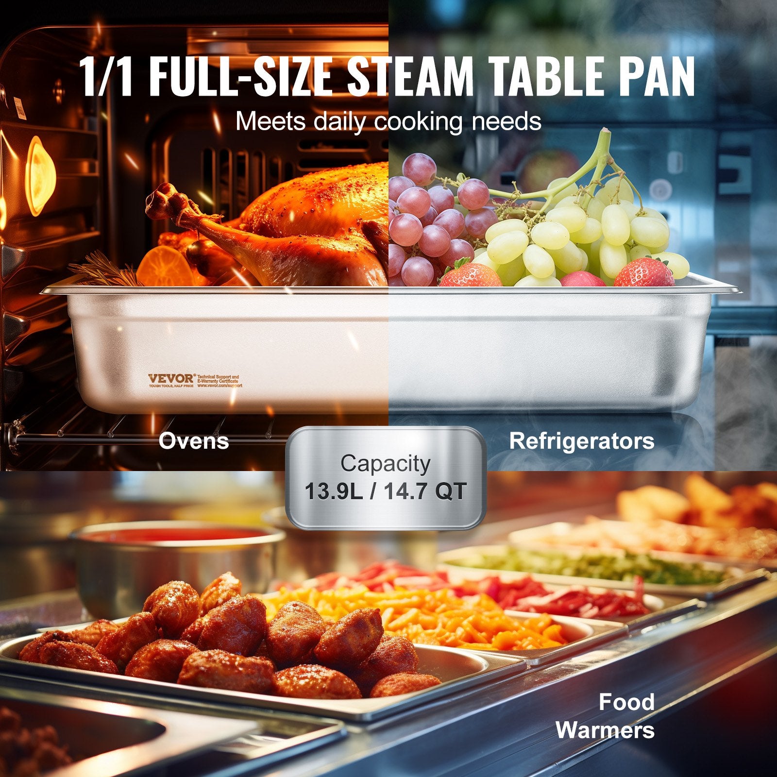 Hotel Pan, Full Size Anti-Jam Steam Pan, 0.8mm Thick Stainless Steel Restaurant Steam Table Pan, 4-Inch Deep Commercial Table Pan, Catering Storage Food Pan, For Industrial & Scientific