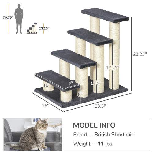 PawHut Cat Tree With 4 Steps For High Beds Couch, Cute Stair Shaped Cat Tree For Indoor Cats Or Dogs W Sisal Scratching Post, Climbing, Playing, Gray