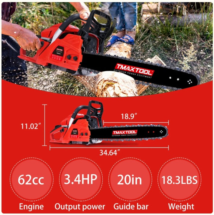 TMAXTOOL 62cc Powerful 20 Inch Gas Chainsaw With 2 Stroke - Perfect For Pruning, Limbing, And Sawmill Operations-Red