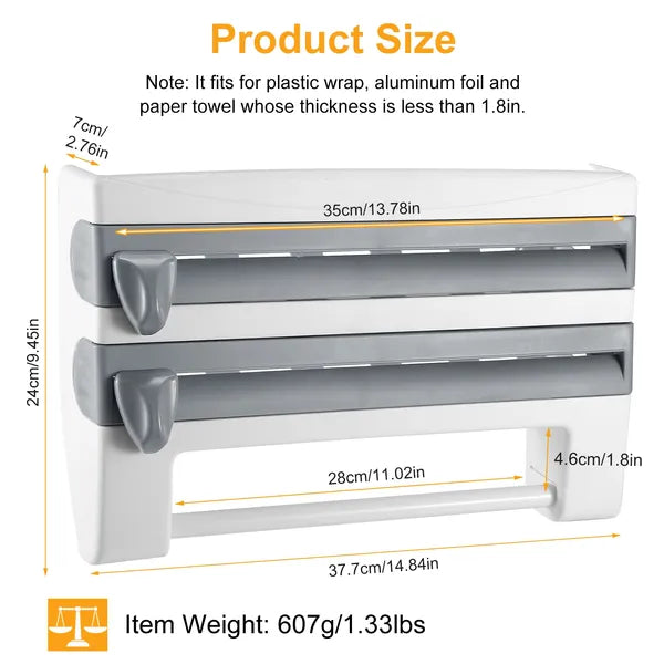 Kitchen Roll Dispenser Paper Roll Holder Plastic Wrap Film Foil Paper Organizer W/ Cutter Wall Mounted For Kitchen Bathroom
