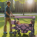 Wagon Stroller For 2 Kids, Push Pull Quad Collapsible Stroller With Adjustable Handle, Encircling Harness Removable Canopy,4 Wheels W/ Brakes,Mutifunction Tandem Stroller For Camping Dark Purple