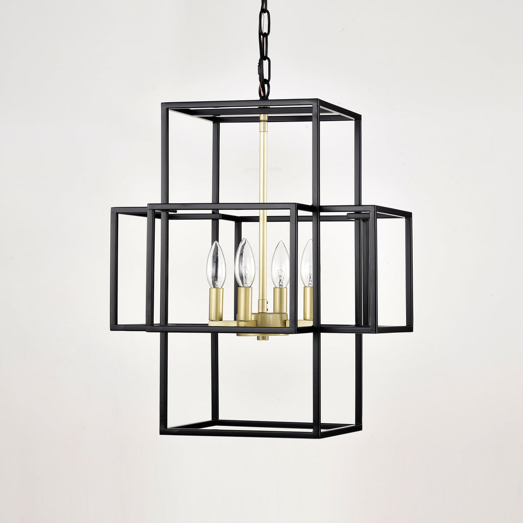 4-Light Metal Lantern Tiered Pendant Hanging Light Fixtures, Industrial Farmhouse Adjustable Height Chandeliers For Dining Room Hallway Foyer Entryway--Matte Black & Gold