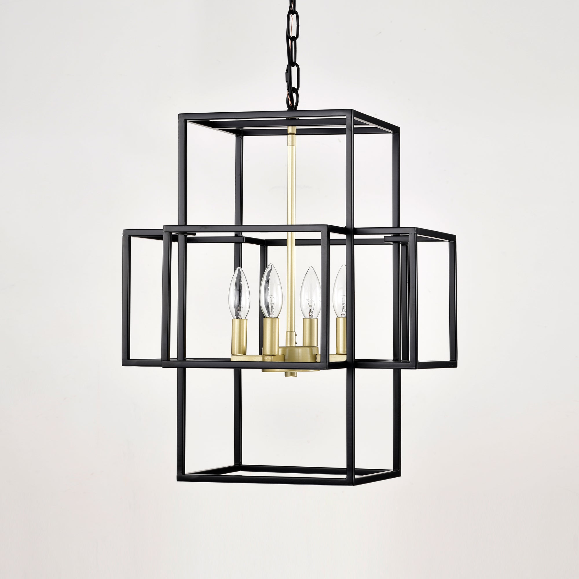 4-Light Metal Lantern Tiered Pendant Hanging Light Fixtures, Industrial Farmhouse Adjustable Height Chandeliers For Dining Room Hallway Foyer Entryway--Matte Black & Gold