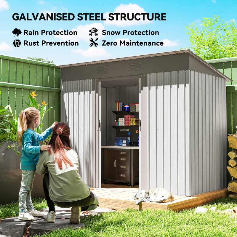 Metal Garden Shed, Backyard Tool Storage Shed With Dual Locking Doors, 2 Air Vents And Steel Frame, Silver
