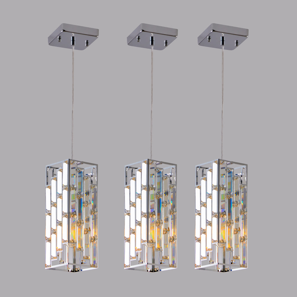 4inch Modern Crystal Pendant Light 3 Pack, Adjustable Hanging Ceiling Lamp With Crystal Prism Design For Dining Room, Kitchen Island, And Living Room -Chrome Finish
