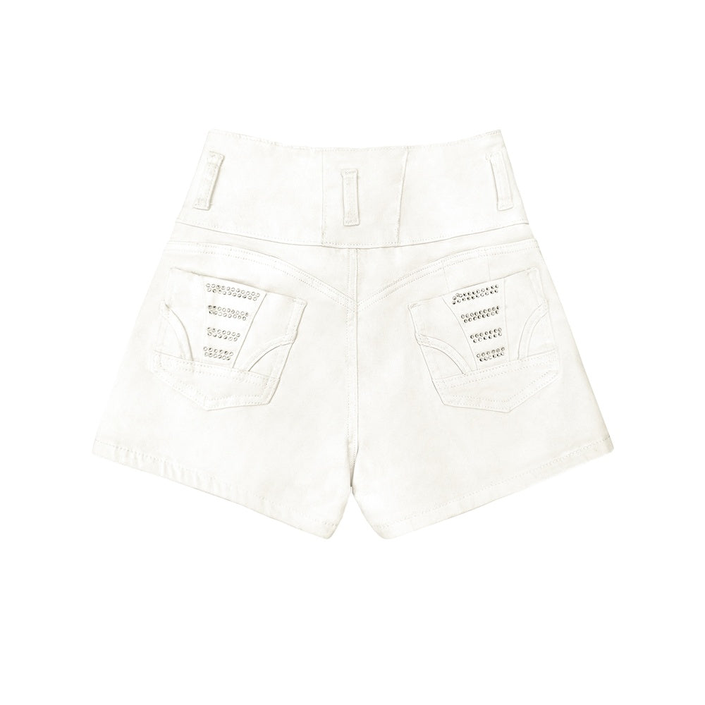 White High Waist Button Shorts Slim Fit Stretch Denim Bling Pocket Hot Girl Summer Look Club Chic Curve Flattering Pants For Women Forbidden Platform - Temu