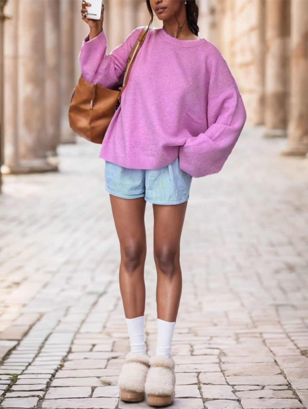 Spring And Autumn Winter New Romantic Pink Round Neck Long Sleeve Knitted Women's Sweater