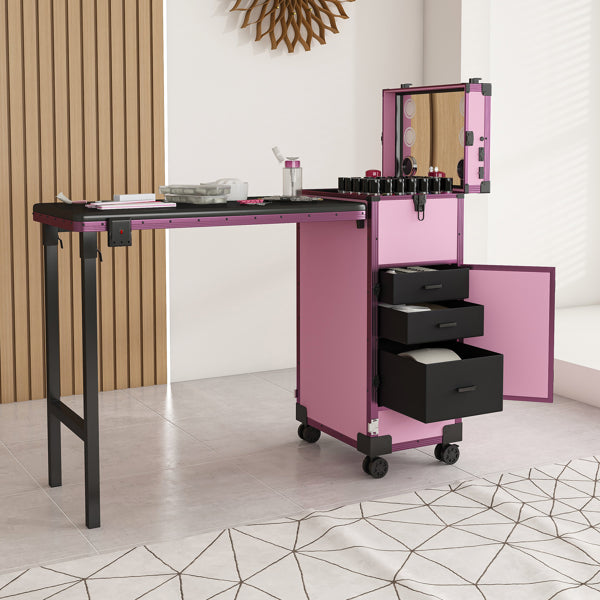 Portable Nail Art Table W/ LED Mirror, Bluetooth, Lockable Drawers, Telescopic Pole - Folding Manicure Station For Salons (Pink)