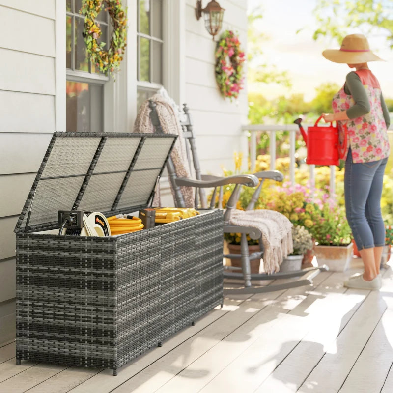 175 Gallon Outdoor Storage Box With Inner Liner, PE Rattan Wicker Deck Box With Pneumatic Bar Lift, Mixed Gray