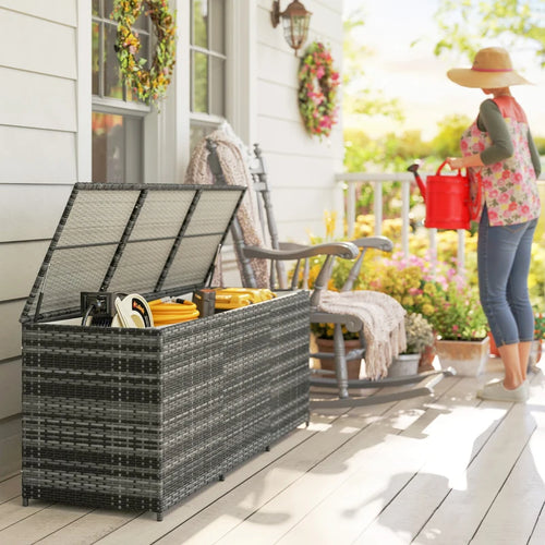 175 Gallon Outdoor Storage Box With Inner Liner, PE Rattan Wicker Deck Box With Pneumatic Bar Lift, Mixed Gray