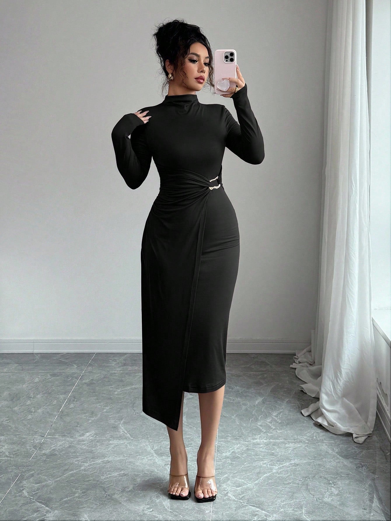 Small Stand-up Collar Knit Solid-color Dress With Metal Buttons