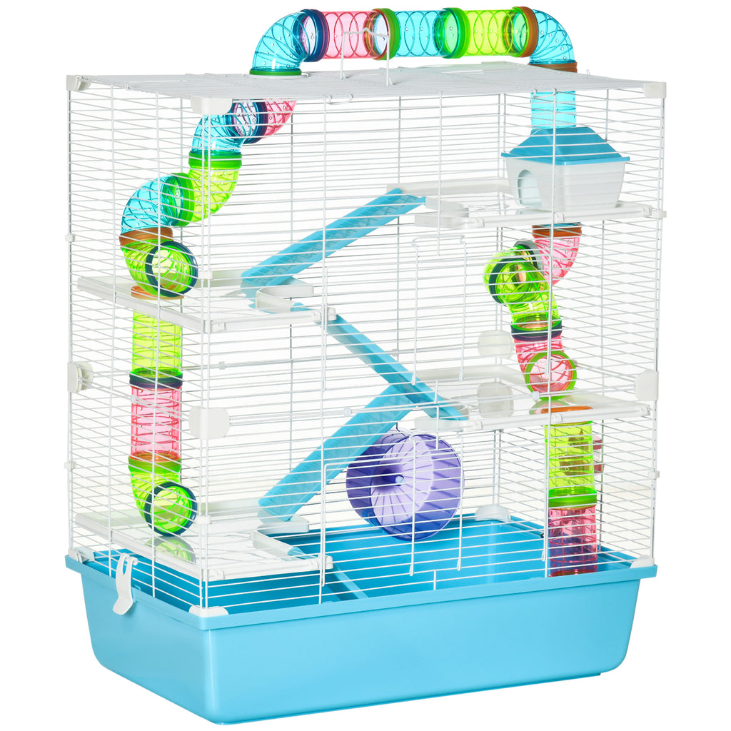 Extra Large 23" Hamster Cage with Tubes and Tunnels, Portable Carry Handles, Rat House and Habitats Big 5-Tier Design, Mouse Cage Includes Exercise Wheel, Water Bottle, Food Dish, Light Blue