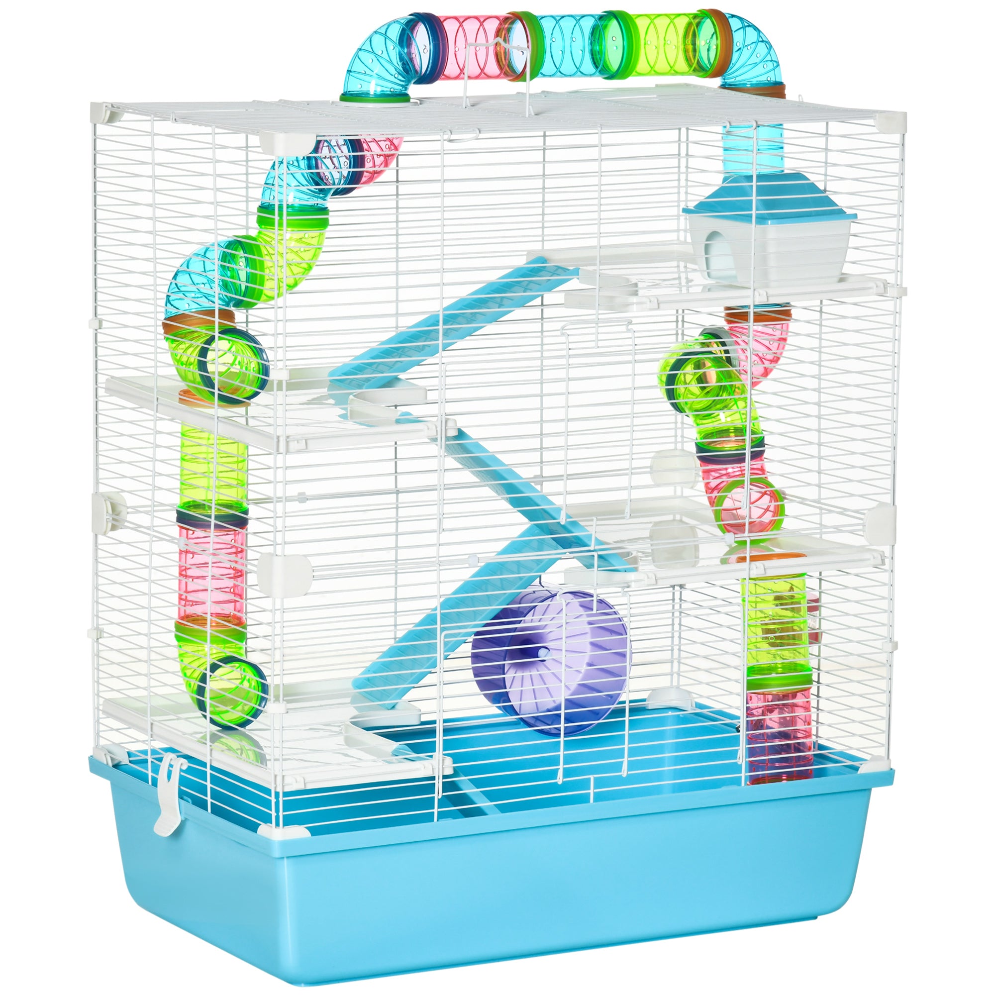Extra Large 23" Hamster Cage with Tubes and Tunnels, Portable Carry Handles, Rat House and Habitats Big 5-Tier Design, Mouse Cage Includes Exercise Wheel, Water Bottle, Food Dish, Light Blue