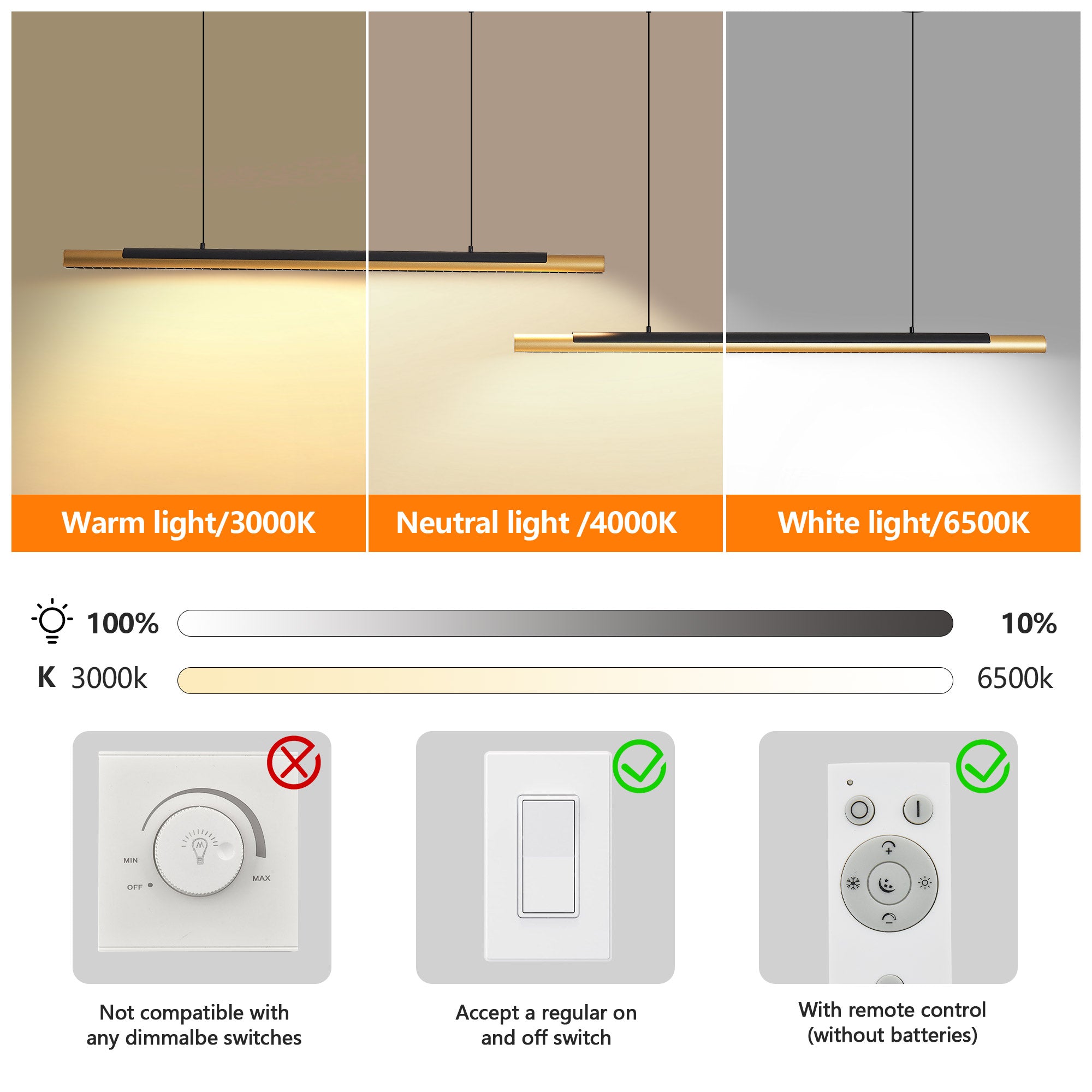 75-inch Modern Black And Gold LED Pendant Light, Adjustable Hanging Light For Dining Room, Kitchen, Living Room Sleek Dual Tube Design