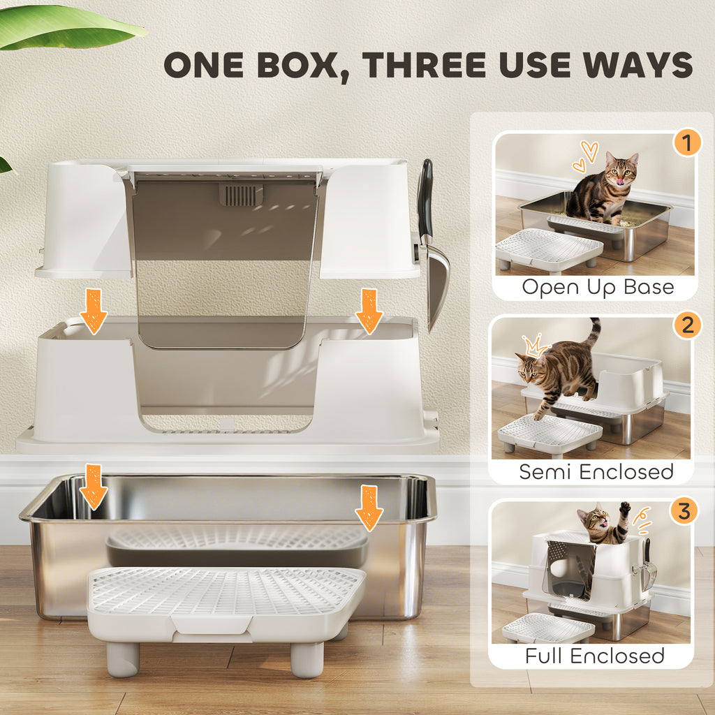 XL Stainless Steel Litter Box w/ 100° Flip Top, Scoop, Step, Top & Side Entry Enclosed Litter Box for Big Cats