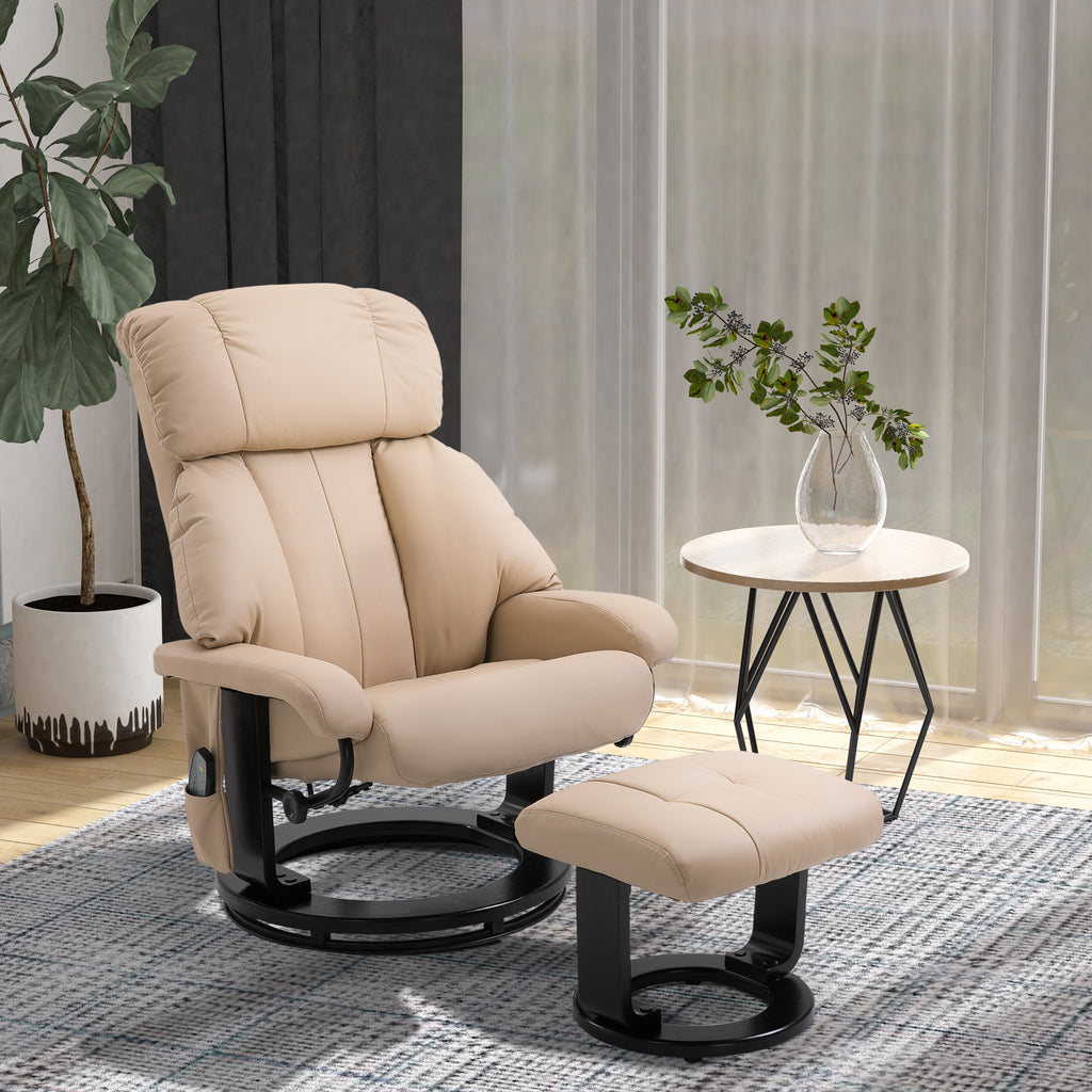 10-Point Massage Recliner Chair, Vibration Massage Sofa with Ottoman Footrest, Faux Leather and Swivel Wood Base for Living Room & Bedroom, Beige
