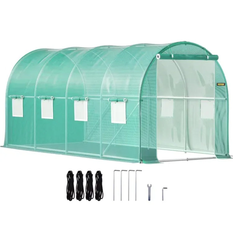 VEVOR Walk-in Tunnel Greenhouse, 14.8 X 6.6 X 6.6 Ft Portable Plant Hot House W  Galvanized Steel Hoops, 1 Top Beam, Diagonal Poles, Zippered Door   8 Roll-up Windows, Green